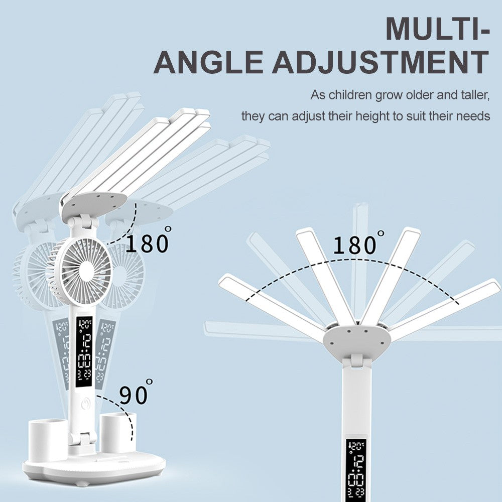 4-Head LED Desk Lamp with Fan & Clock