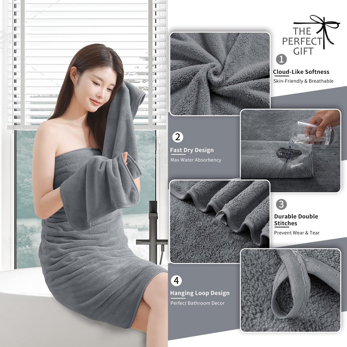 Grey bath towel in use