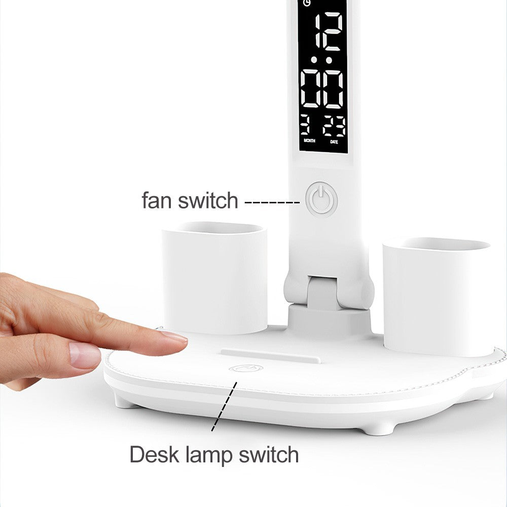 4-Head LED Desk Lamp with Fan & Clock