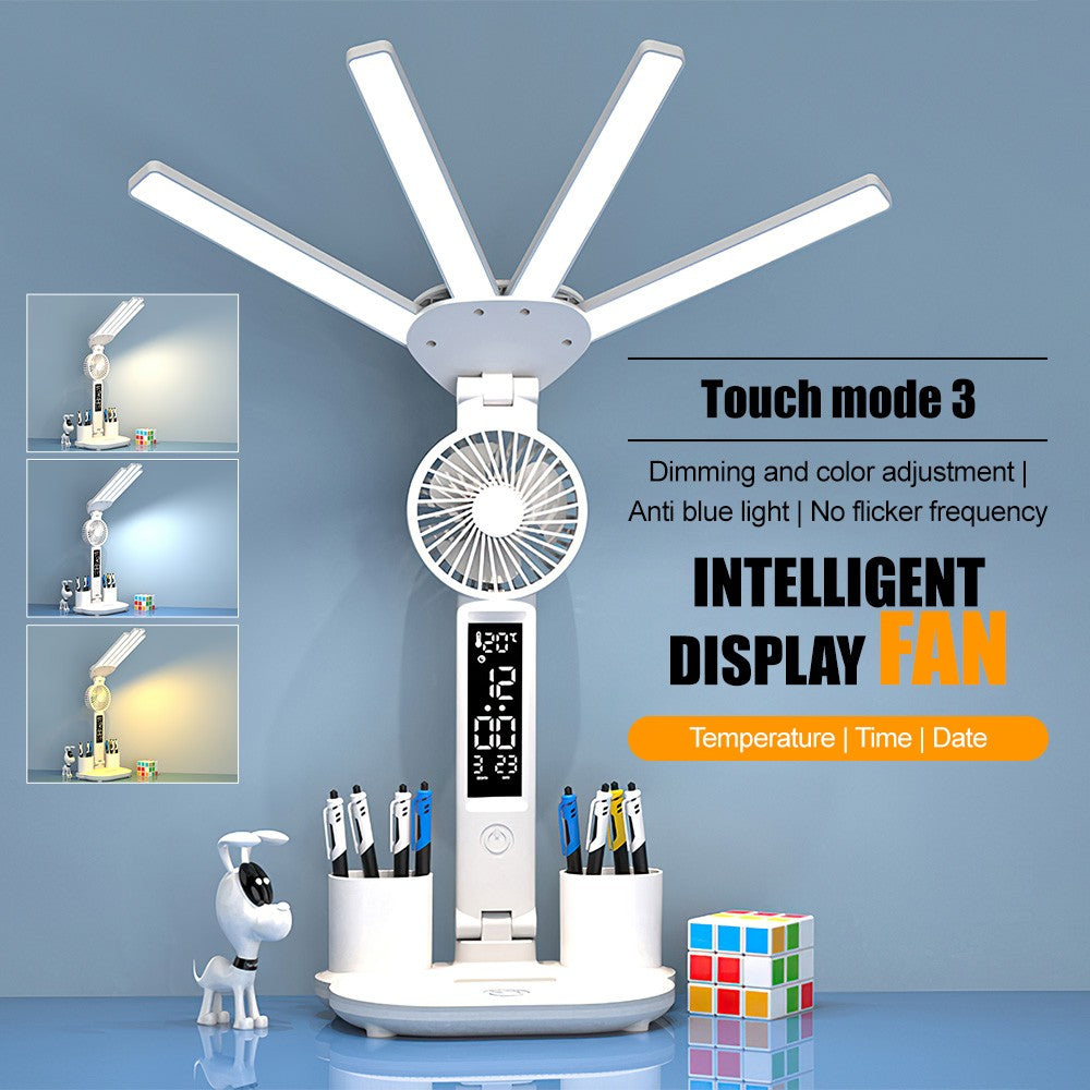 4-Head LED Desk Lamp with Fan & Clock