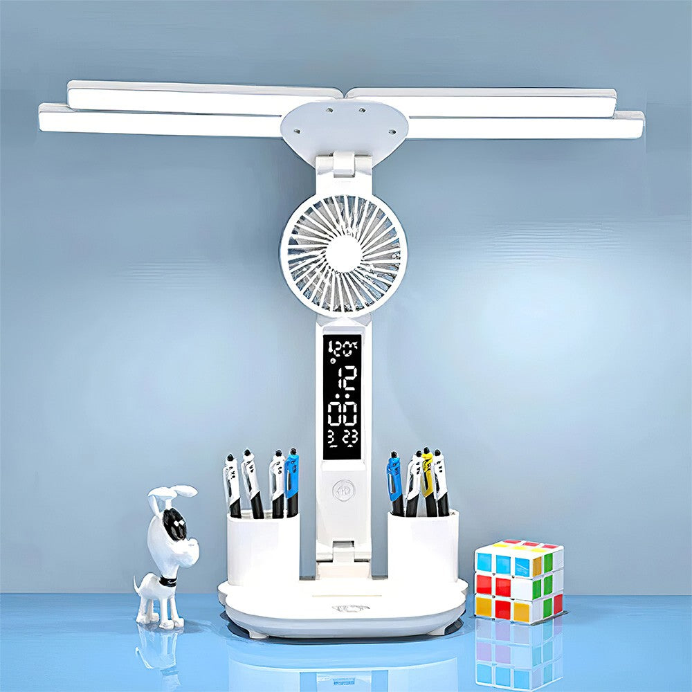 4-Head LED Desk Lamp with Fan & Clock